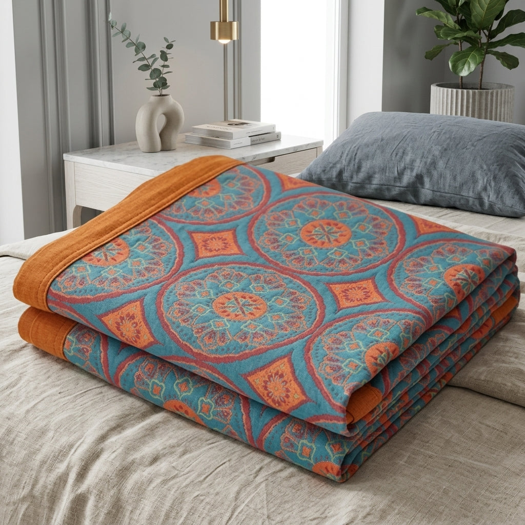 Blanket Reversible Ginkgo Leaf Summer Cotton - terracotta green