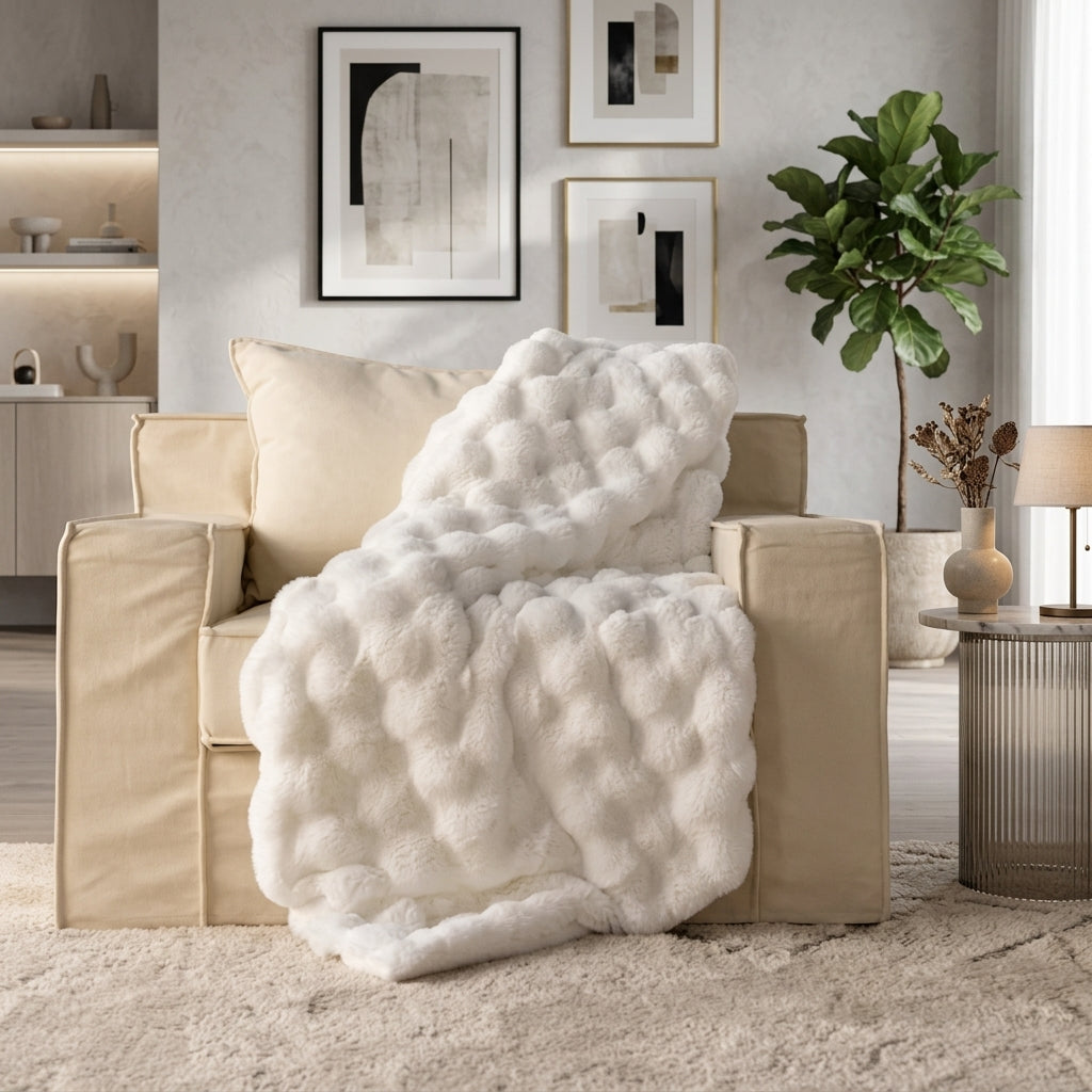 Reversible Blanket Faux Fur Effect Home Decor - ivory cream