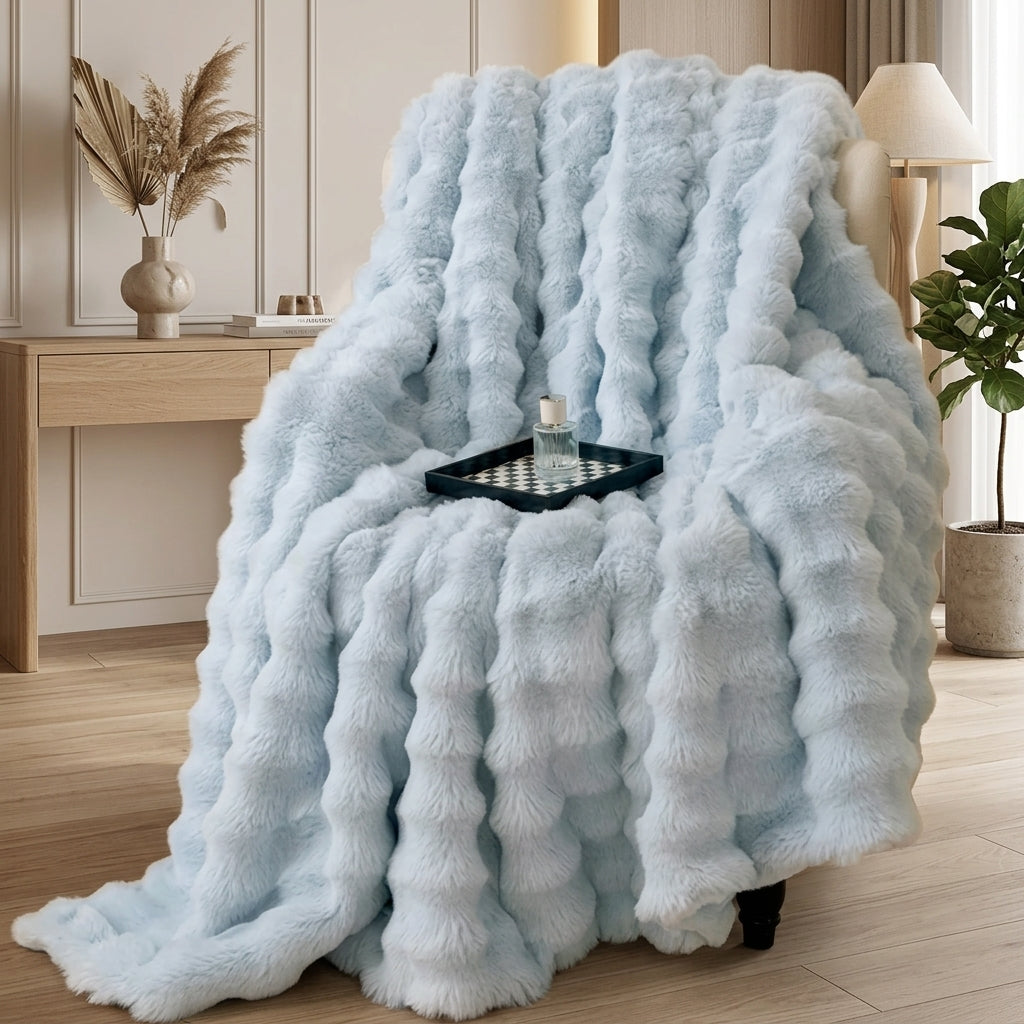 Reversible Blanket Faux Fur Effect Home Decor - deep blue