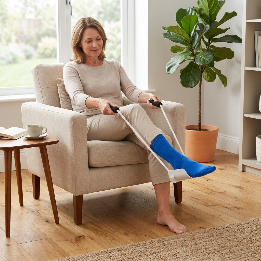 Sock aid device with ergonomic handle for easy dressing