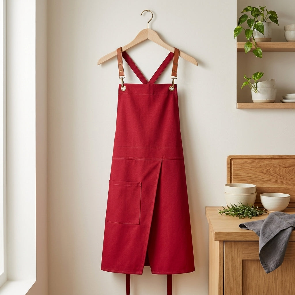 Kitchen Apron Adjustable Unisex Front Split Pockets - red