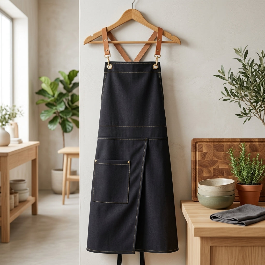 Kitchen Apron Adjustable Unisex Front Split Pockets - black