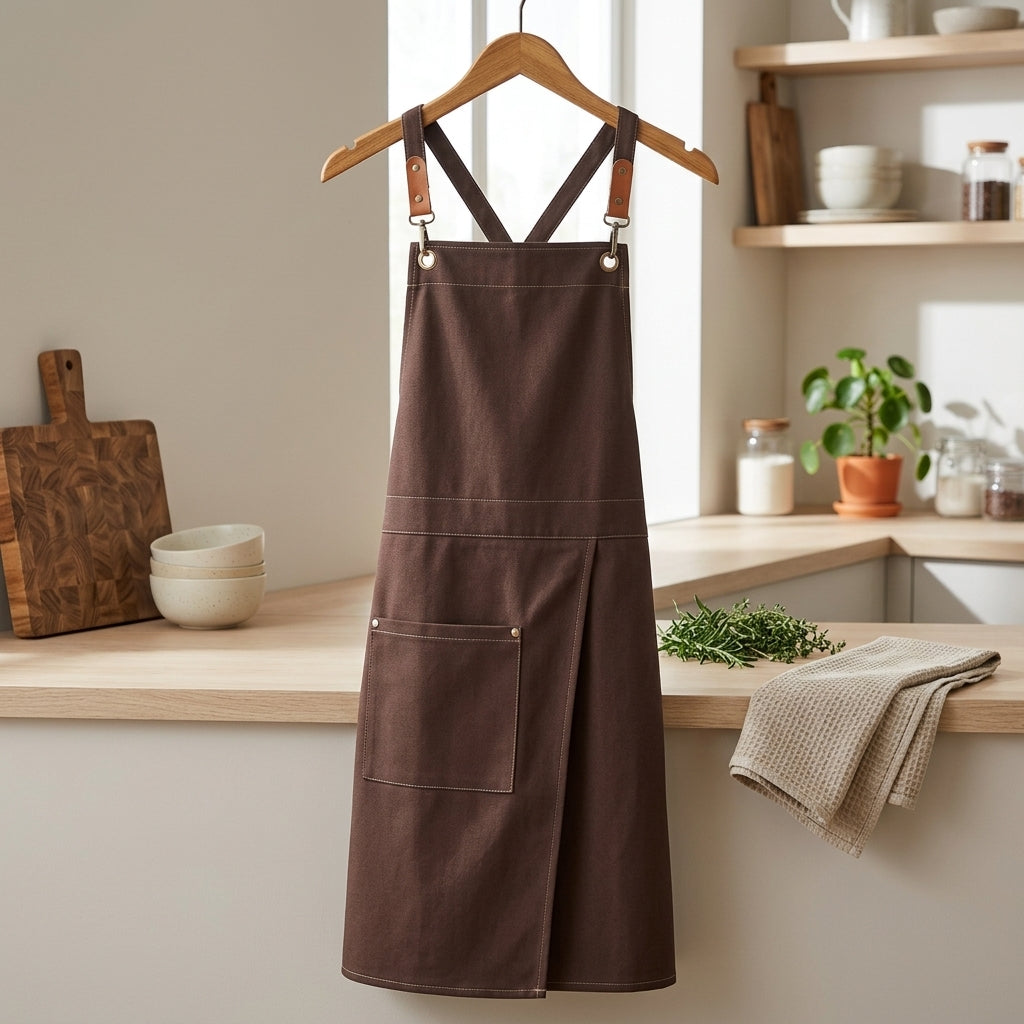 Kitchen Apron Adjustable Unisex Front Split Pockets - dark brown