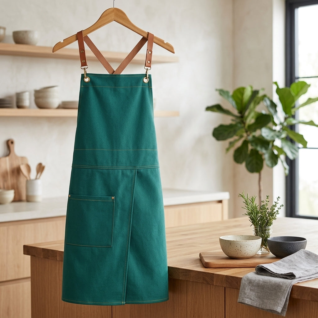 Kitchen Apron Adjustable Unisex Front Split Pockets - dark green