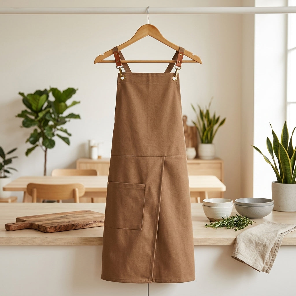 Kitchen Apron Adjustable Unisex Front Split Pockets - light brown