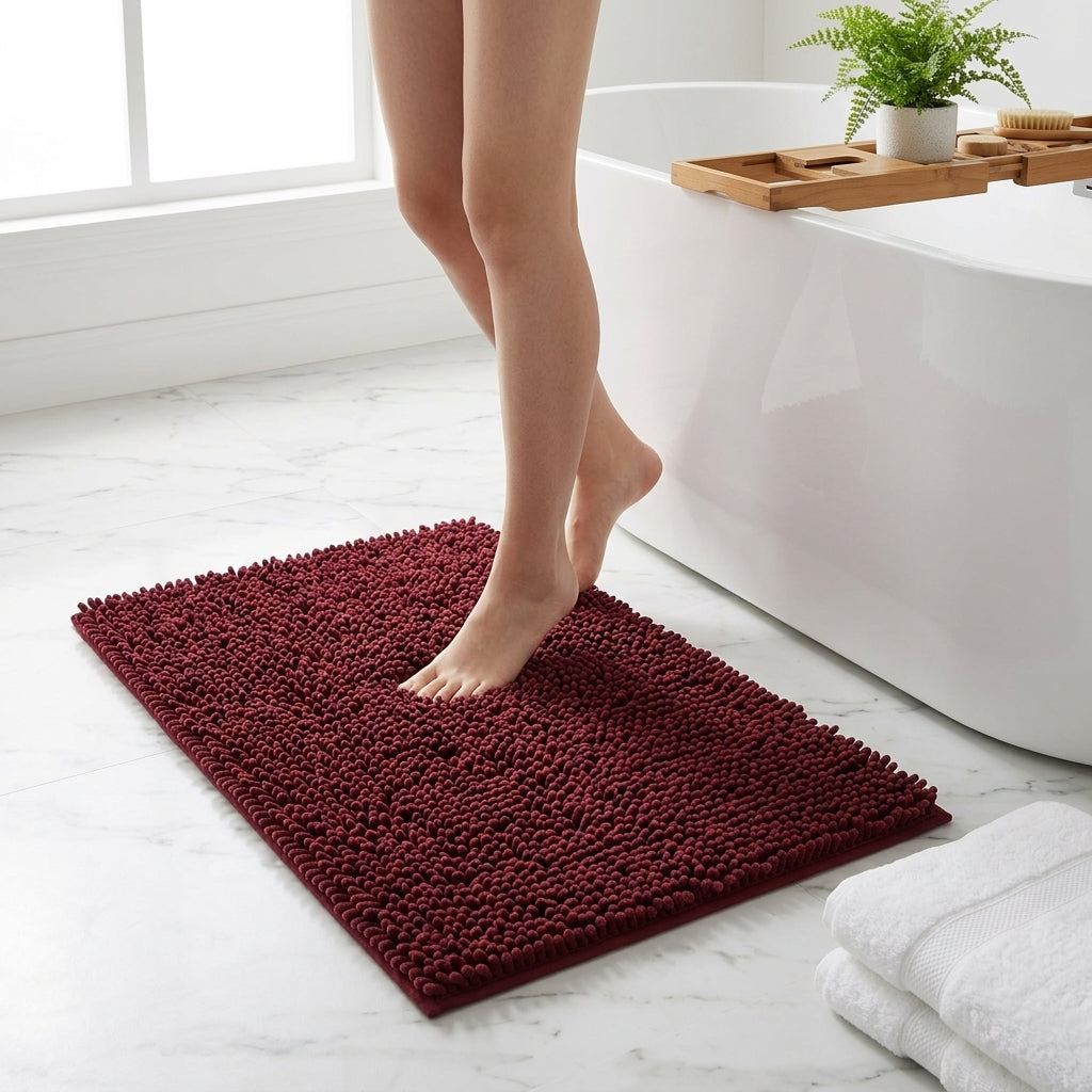 Bath Mat Chenille Non Slip Bathroom Rug - bordeaux