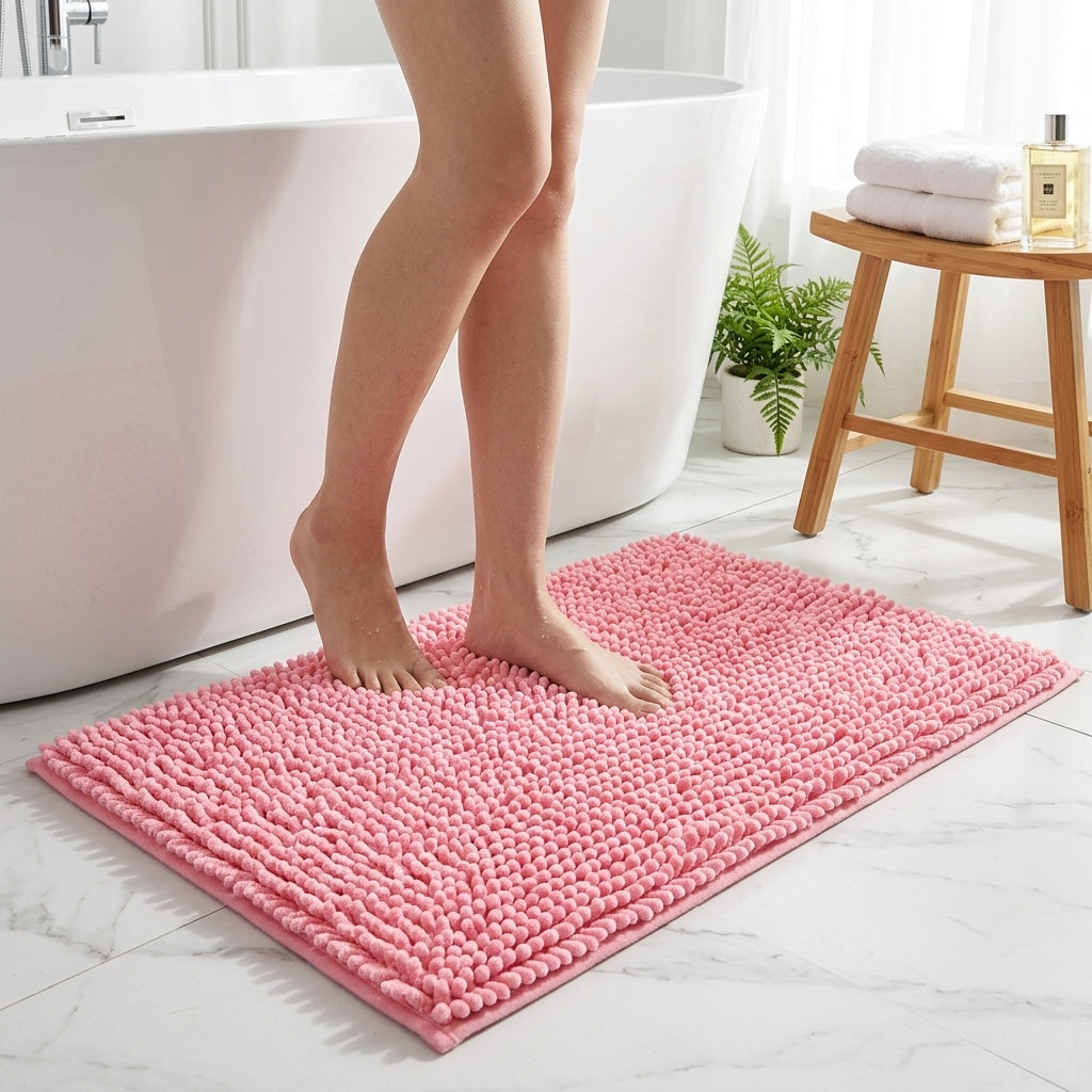 Bath Mat Chenille Non Slip Bathroom Rug - pink
