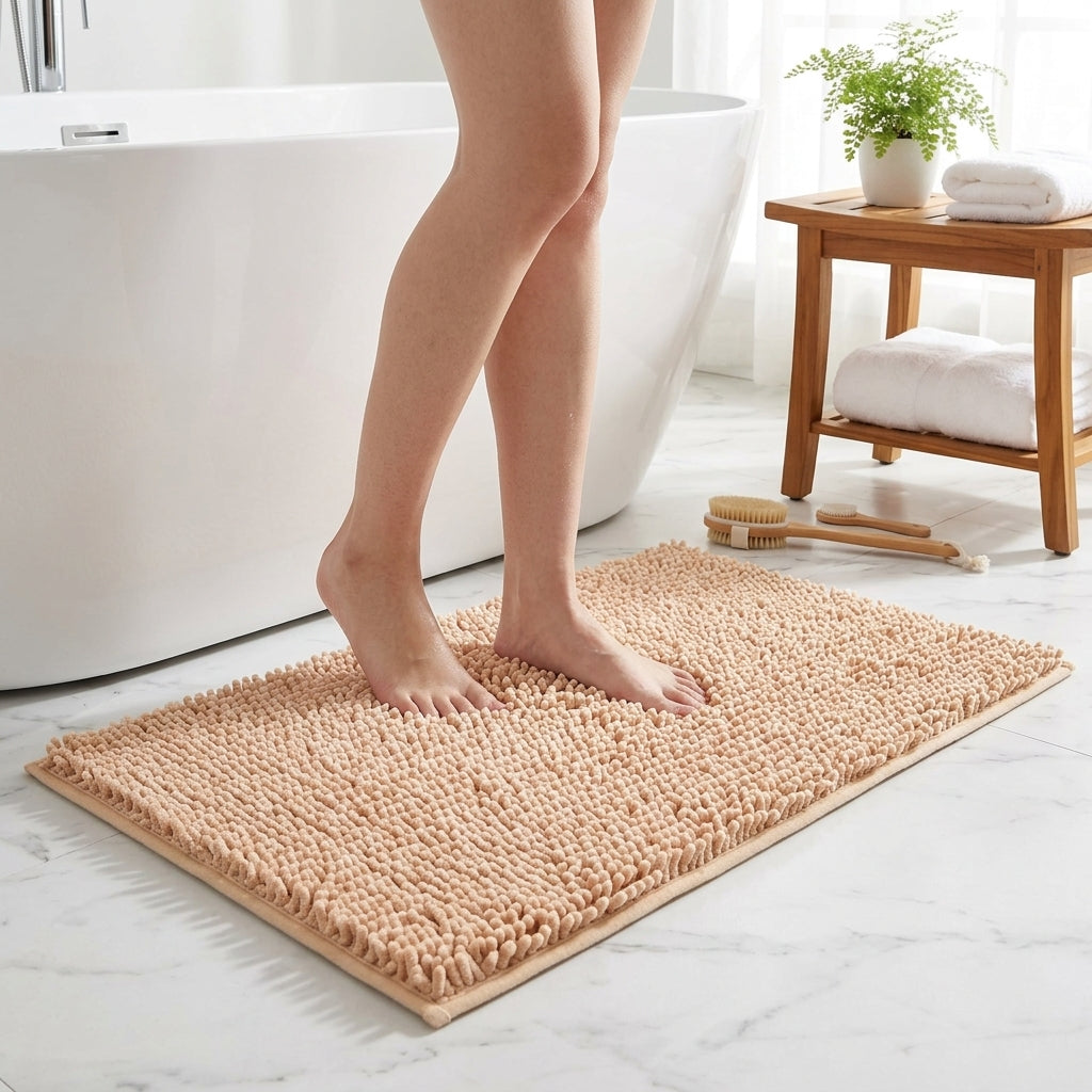 Bath Mat Chenille Non Slip Bathroom Rug - beige