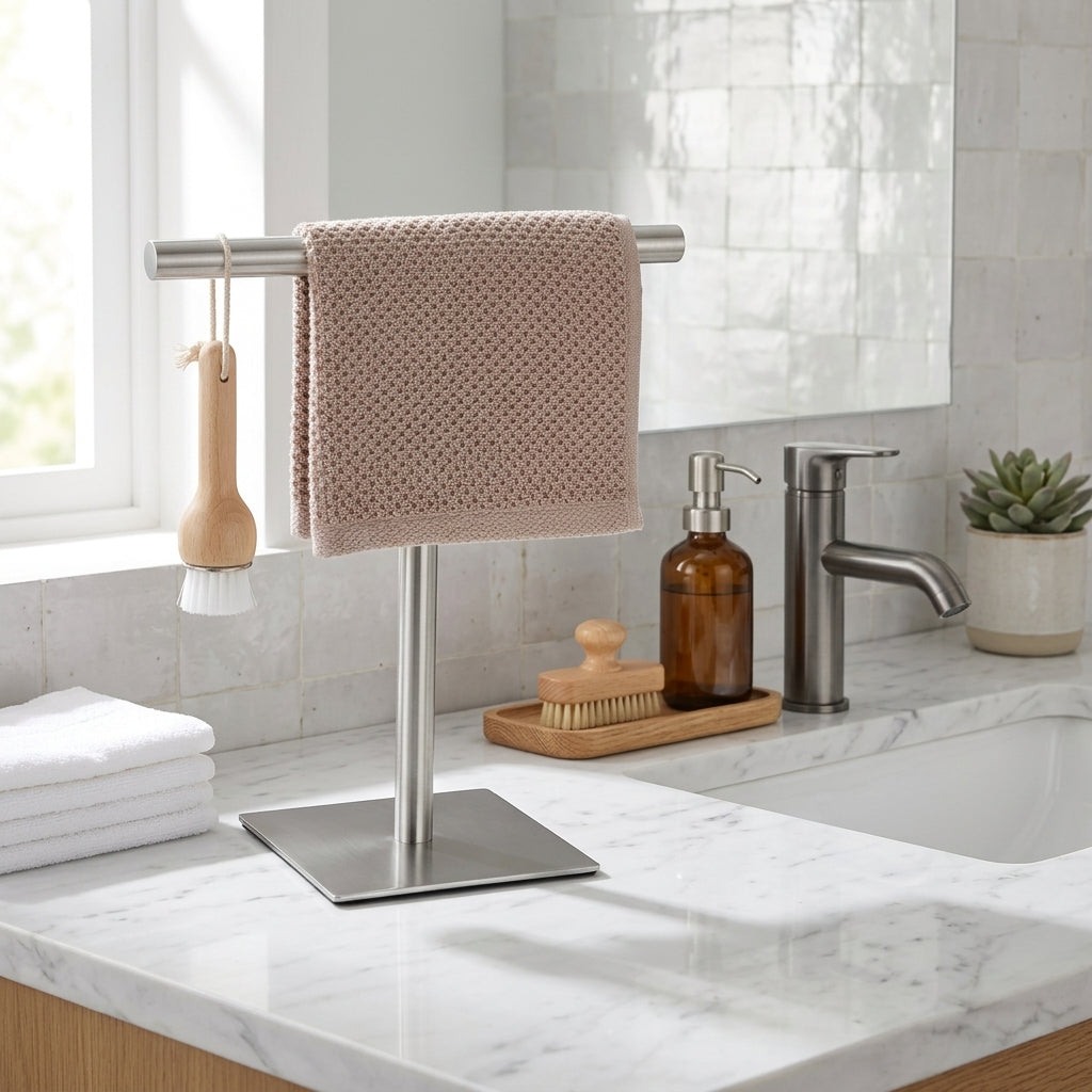Towel Holder Freestanding Countertop Bathroom Stand - silver