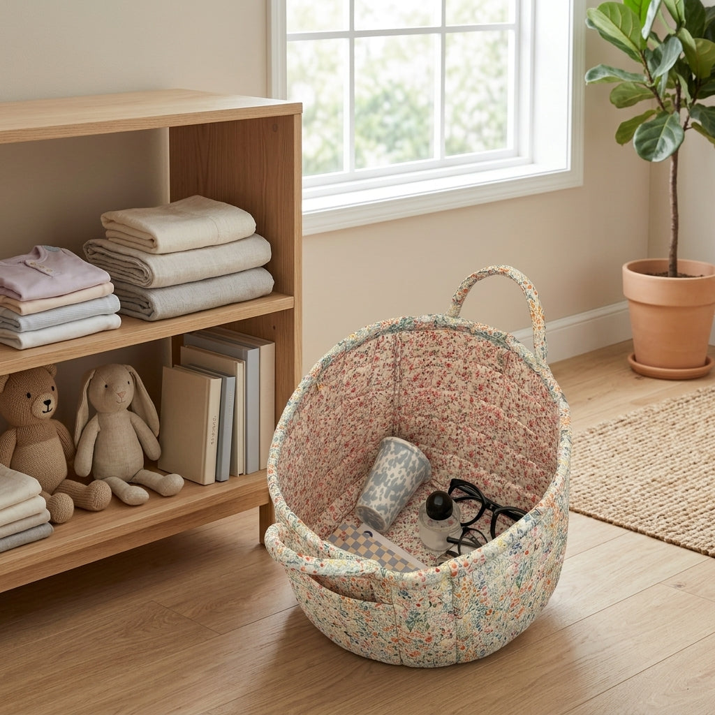 Storage Basket Floral Quilted Foldable Organiser - pastel grass