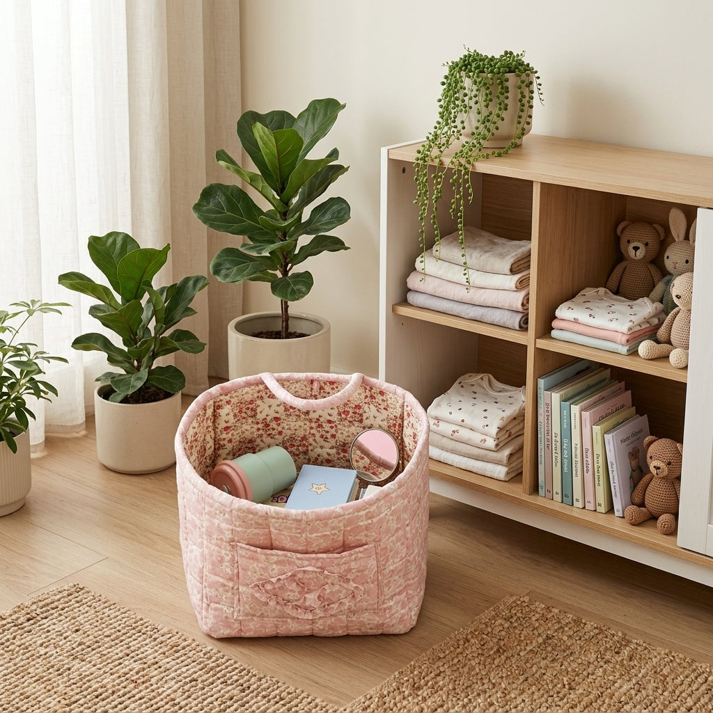Storage Basket Floral Quilted Foldable Organiser - cotogna pink