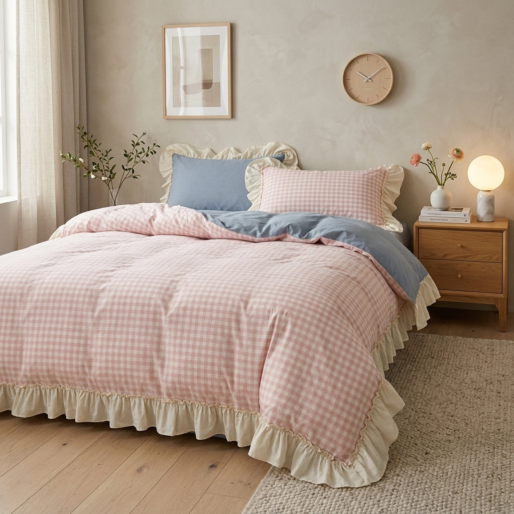 Chequered Ruffled Edge Bedding Set Bedroom - gingham blue
