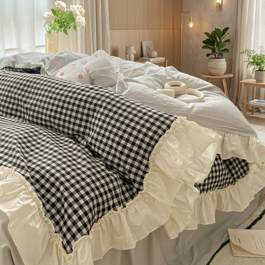 Chequered Ruffled Edge Bedding Set Bedroom - gingham black