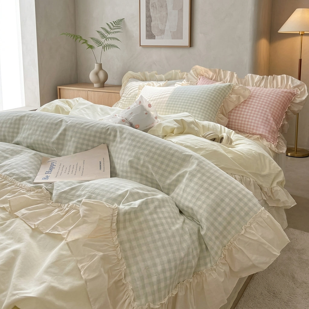 Chequered Ruffled Edge Bedding Set Bedroom - gingham sage