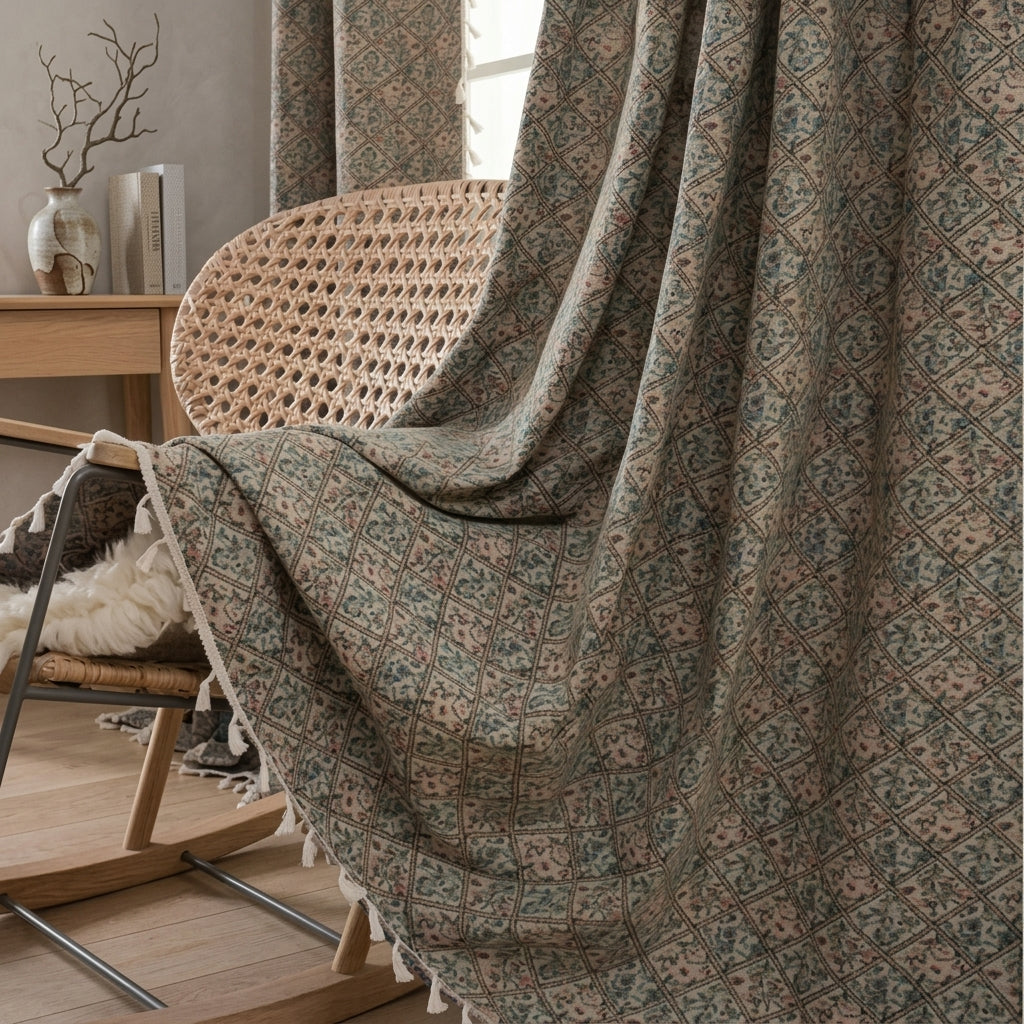 Window Curtain Floral Woven Semi Blackout Tassels - olive blossom