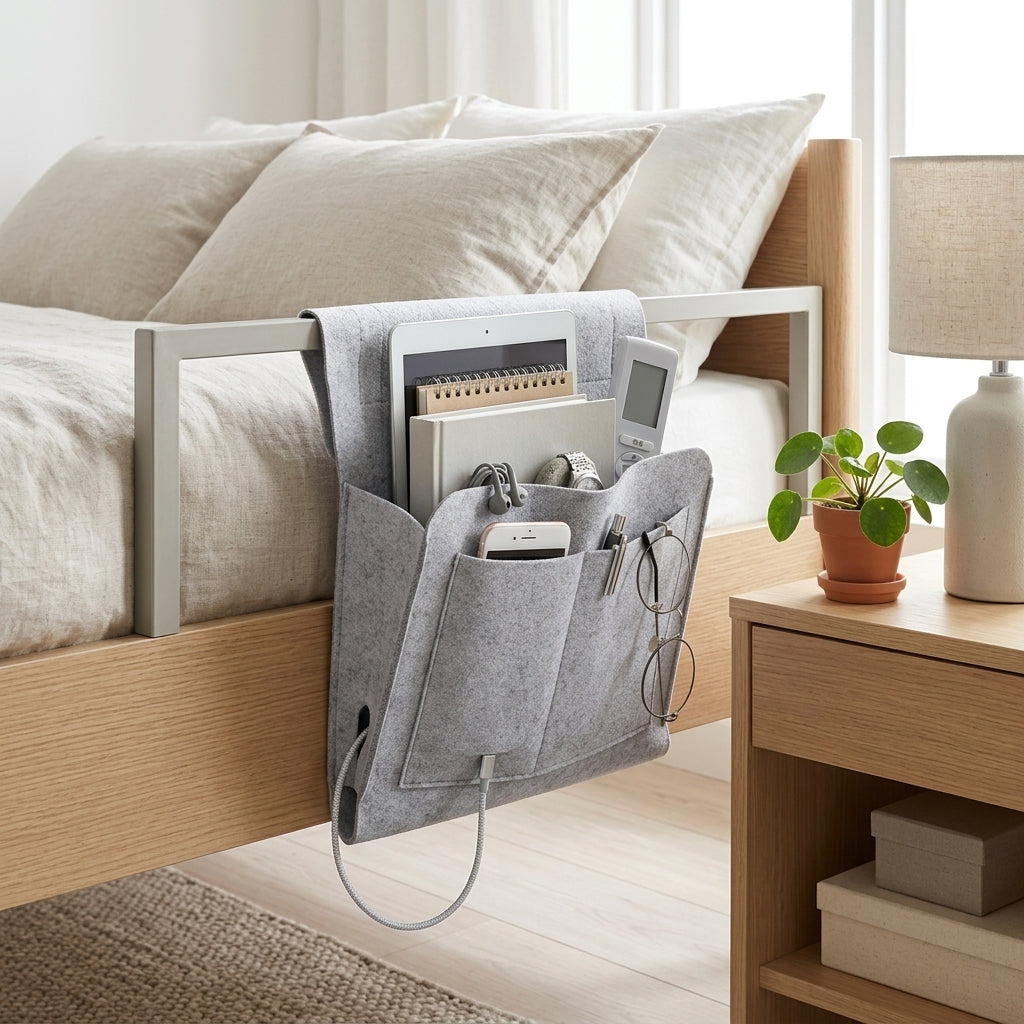Bed Organizer Bedside Storage with Cable Slots - charcoal