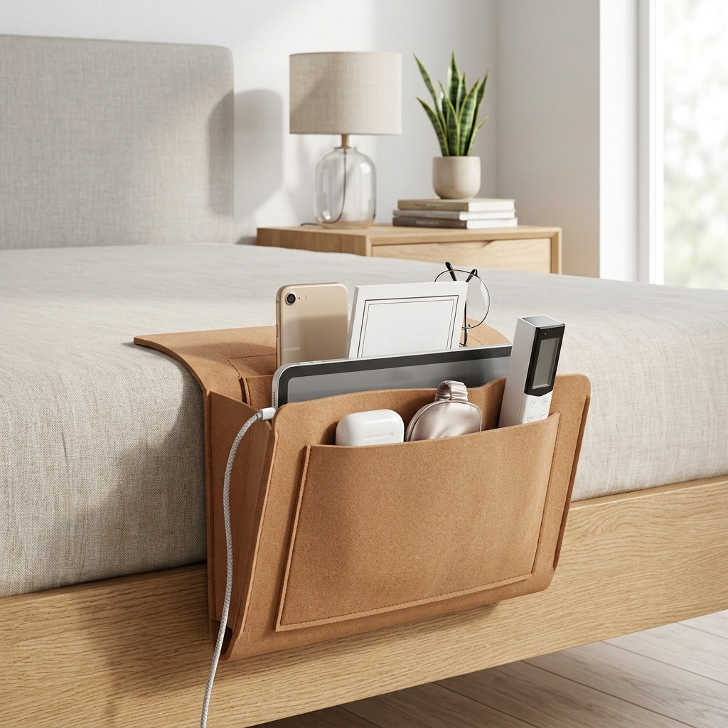 Bed Organizer Bedside Storage with Cable Slots - chestnut