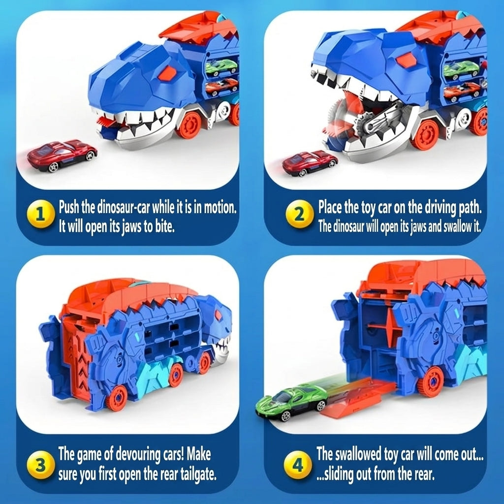 Folding dinosaur transporter car set with two die cast cars