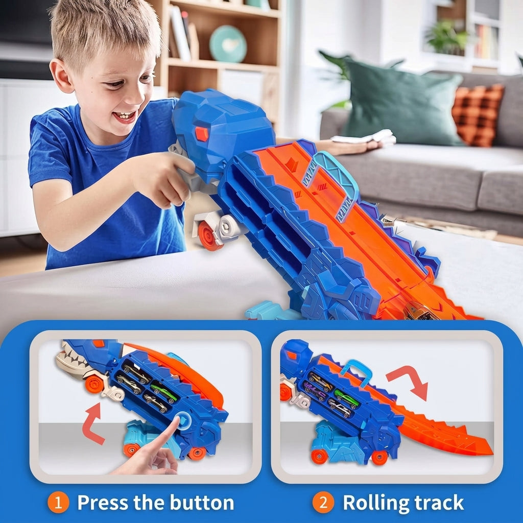 Folding dinosaur transporter car set with two die cast cars