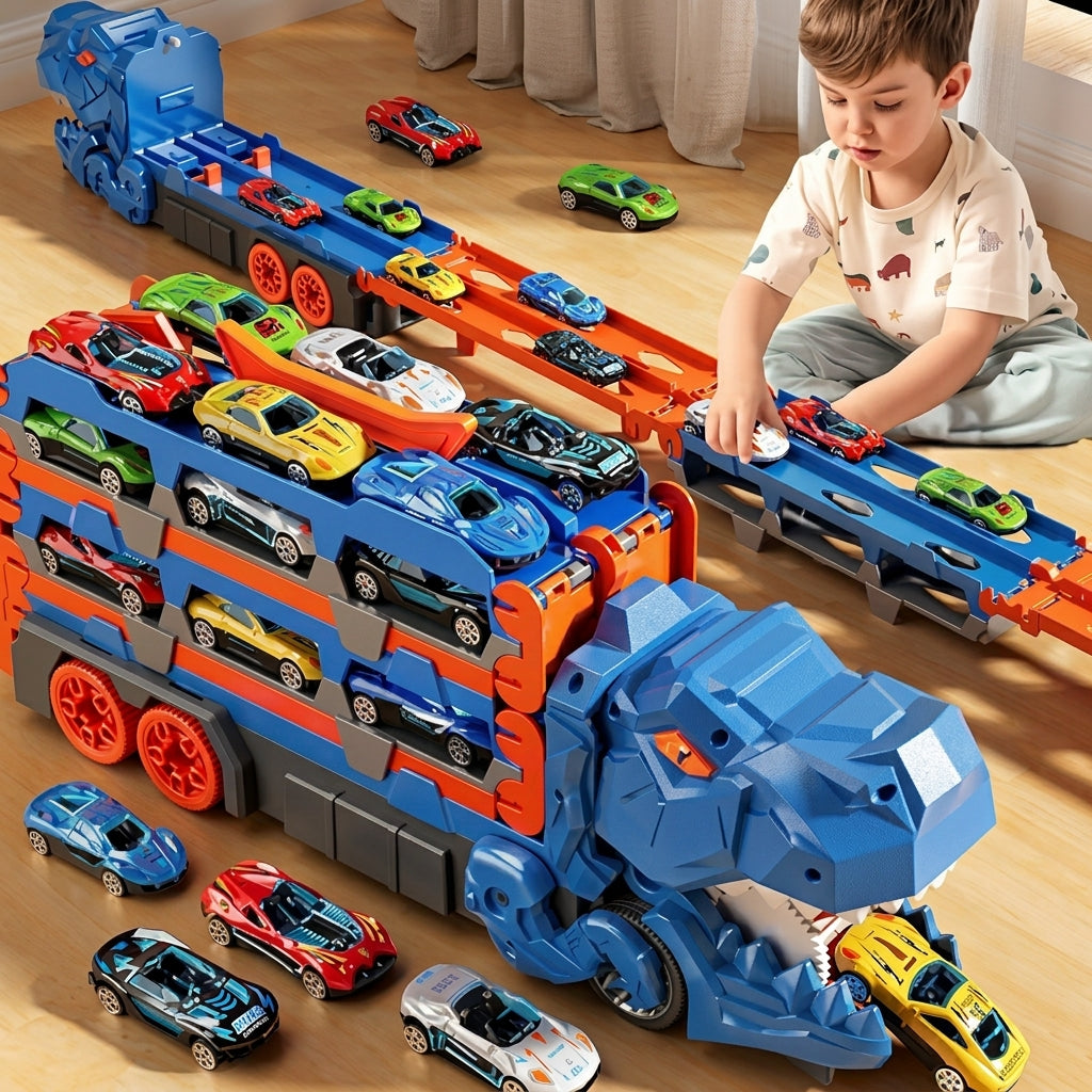Folding dinosaur transporter car set with two die cast cars