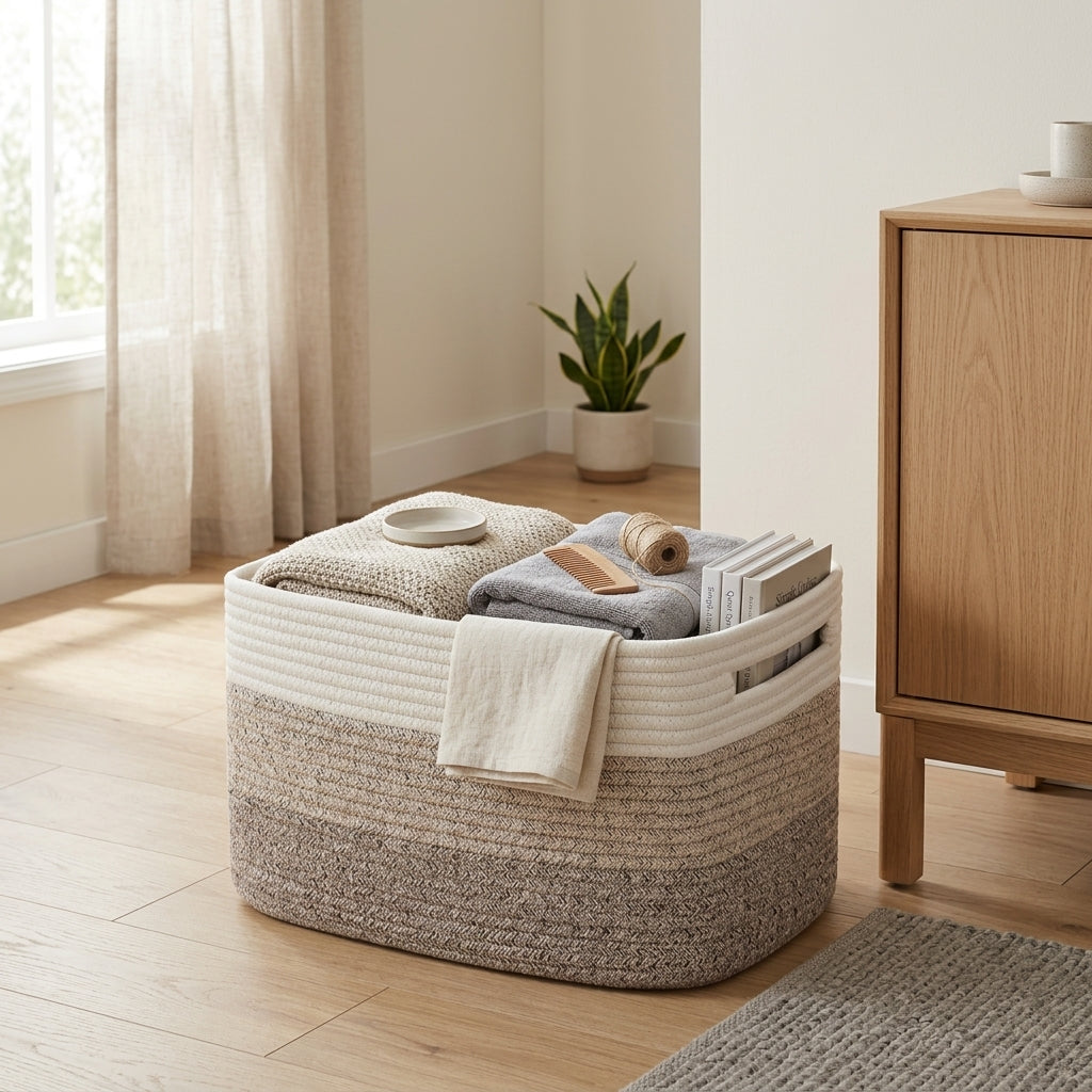Storage Basket Woven with Handles Home Organisation - brown tricolour