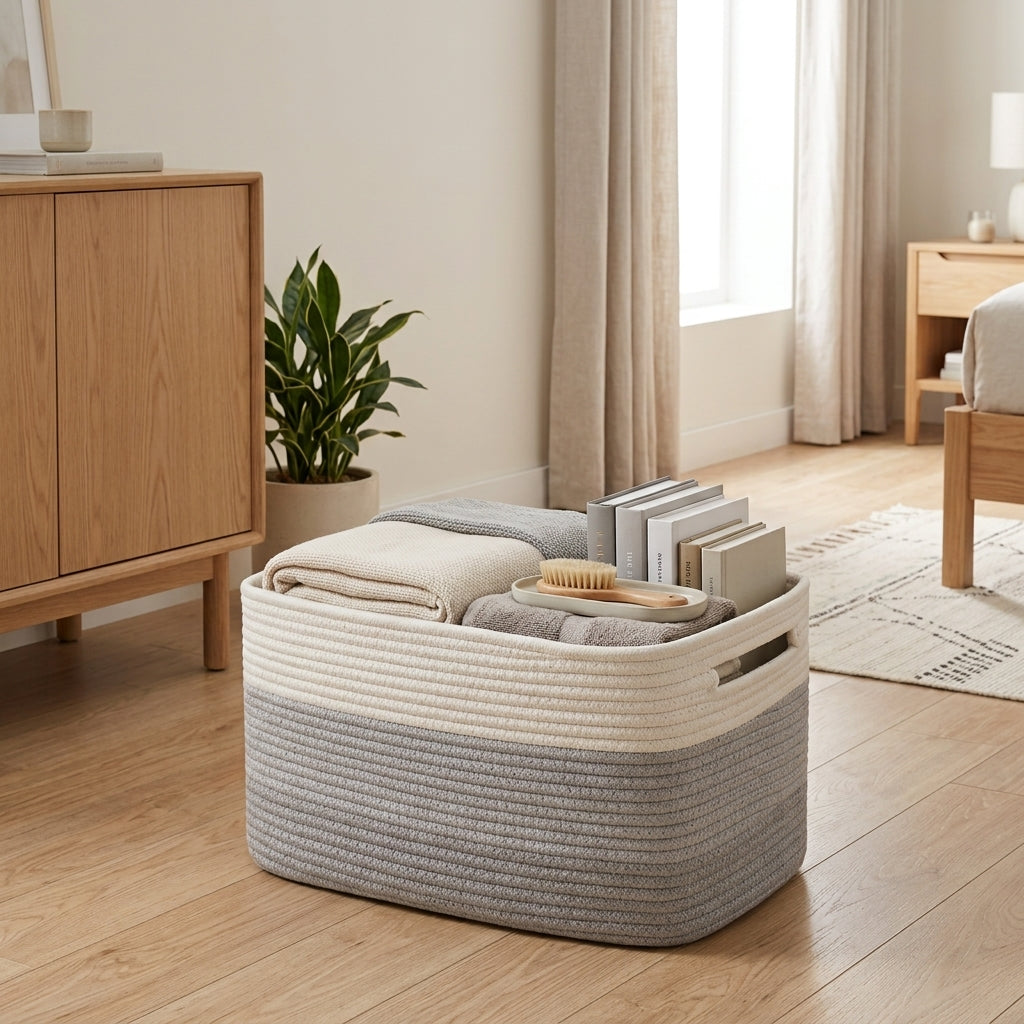 Storage Basket Woven with Handles Home Organisation - gray tricolour