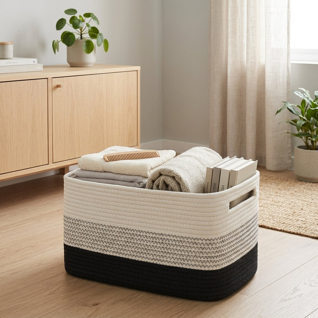 Storage Basket Woven with Handles Home Organisation - black tricolour