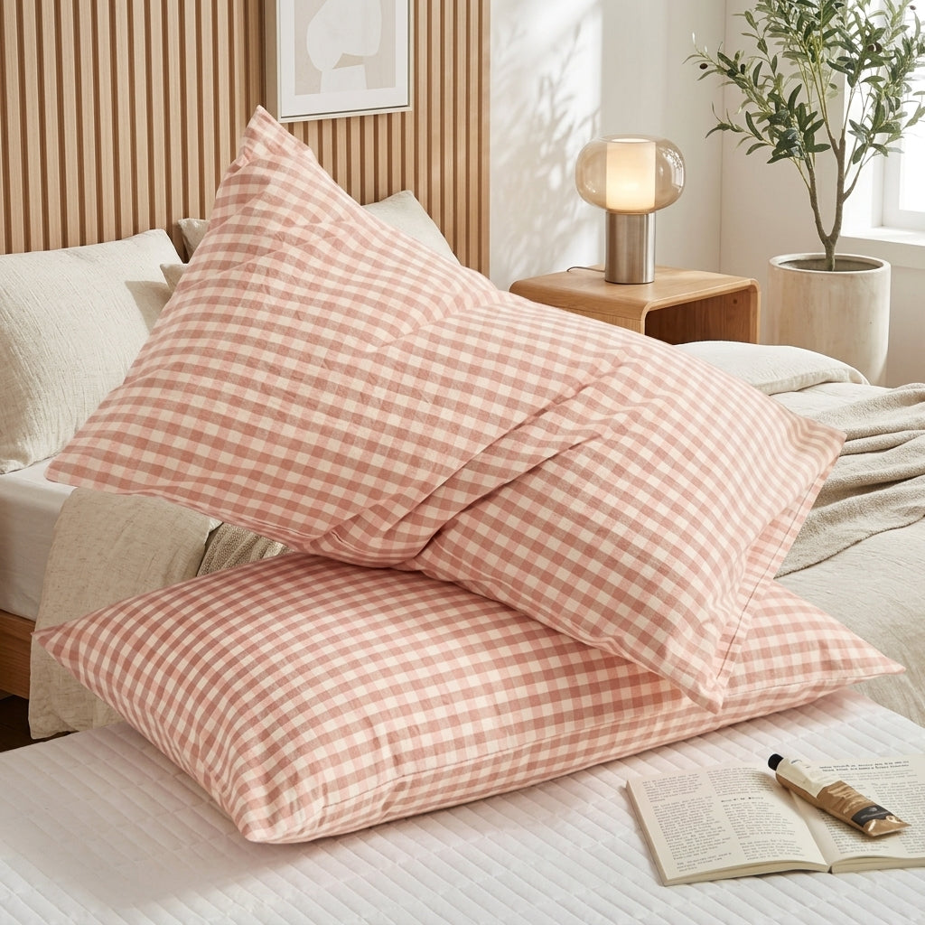 Pillowcase Cover Checkered Envelope Closure Bedding - pink checkered