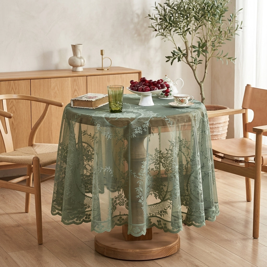 Round Tablecloth Floral Lace Decorative Dining Table Cover - olive green
