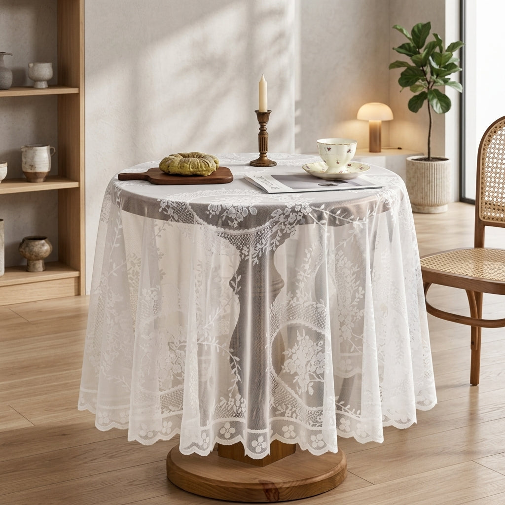 Round Tablecloth Floral Lace Decorative Dining Table Cover - pure white