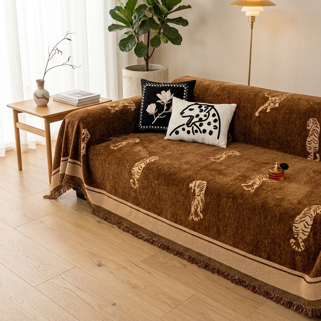 Sofa Cover Reversible Tiger Decorative Fringed Chenille - chestnut brown