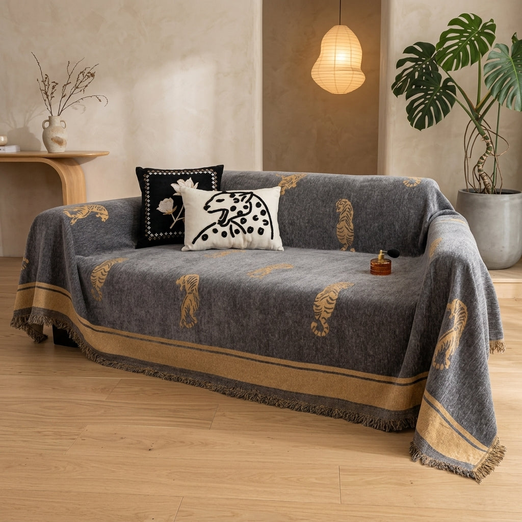 Sofa Cover Reversible Tiger Decorative Fringed Chenille - ash gray