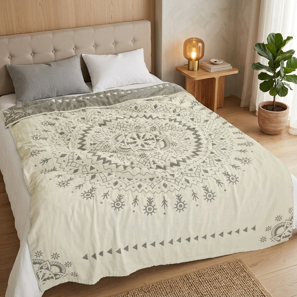 Decorative Blanket Reversible Floral Mandala Bed Sofa - gray and beige