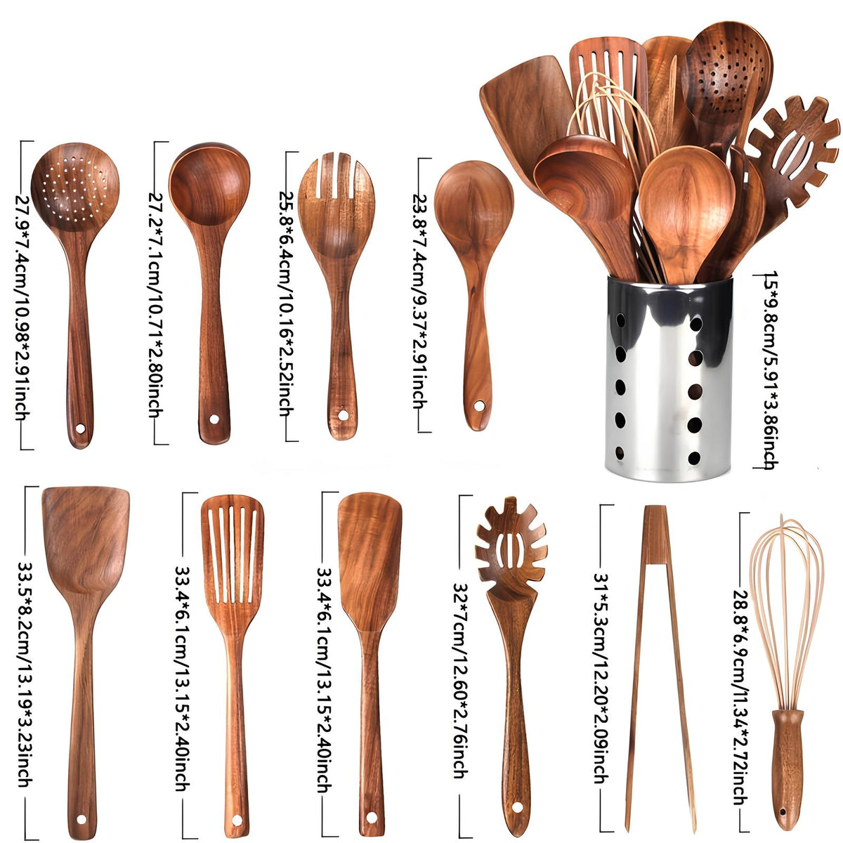 Kitchen Utensils 11 Piece Teak Set with Wooden Holder