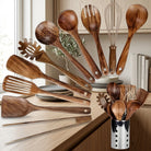 Kitchen Utensils 11 Piece Teak Set with Wooden Holder - brown
