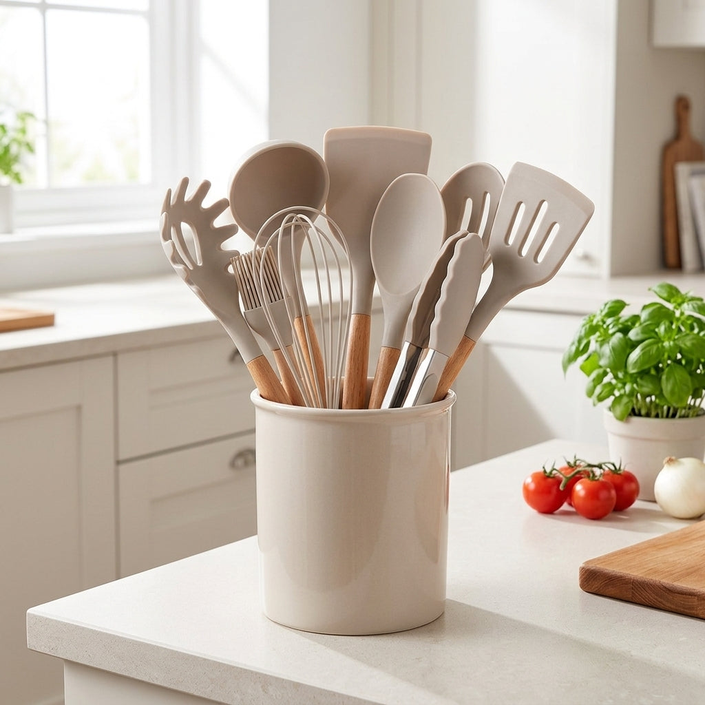 Kitchen Utensil Set with Silicone Heads and Wooden Handles - khaki