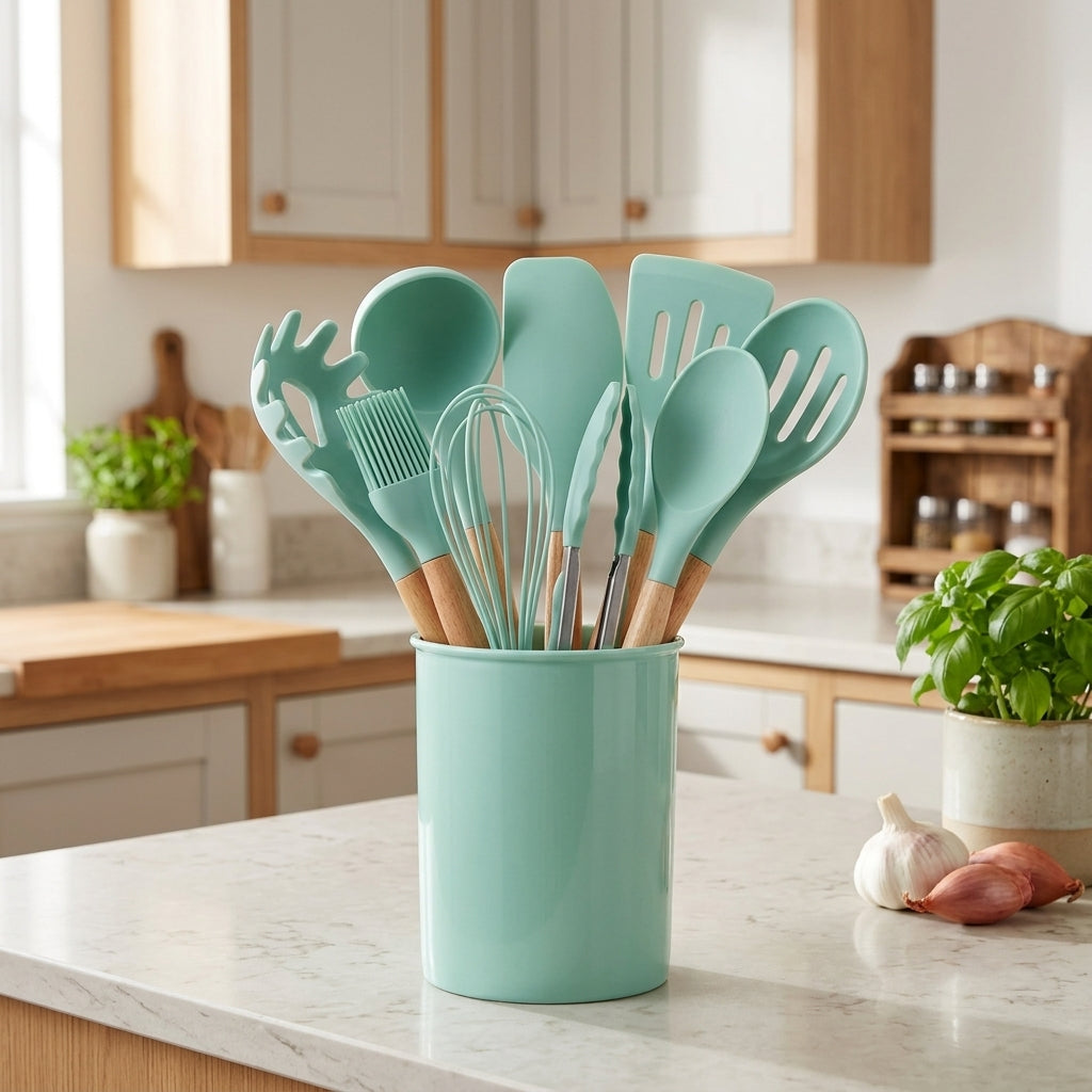 Kitchen Utensil Set with Silicone Heads and Wooden Handles - dark green