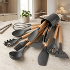 Kitchen Utensil Set with Silicone Heads and Wooden Handles