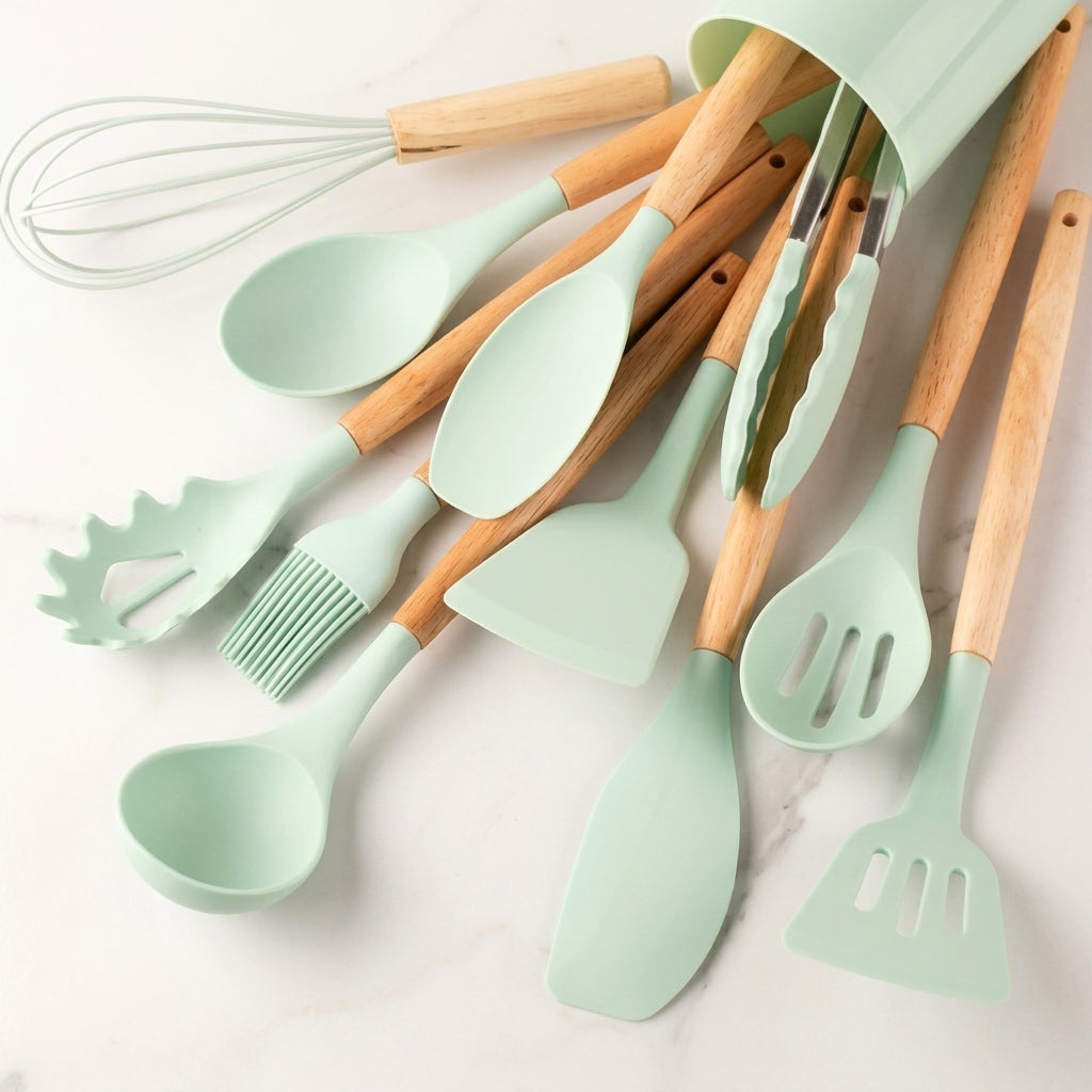 Kitchen Utensil Set with Silicone Heads and Wooden Handles - mint green