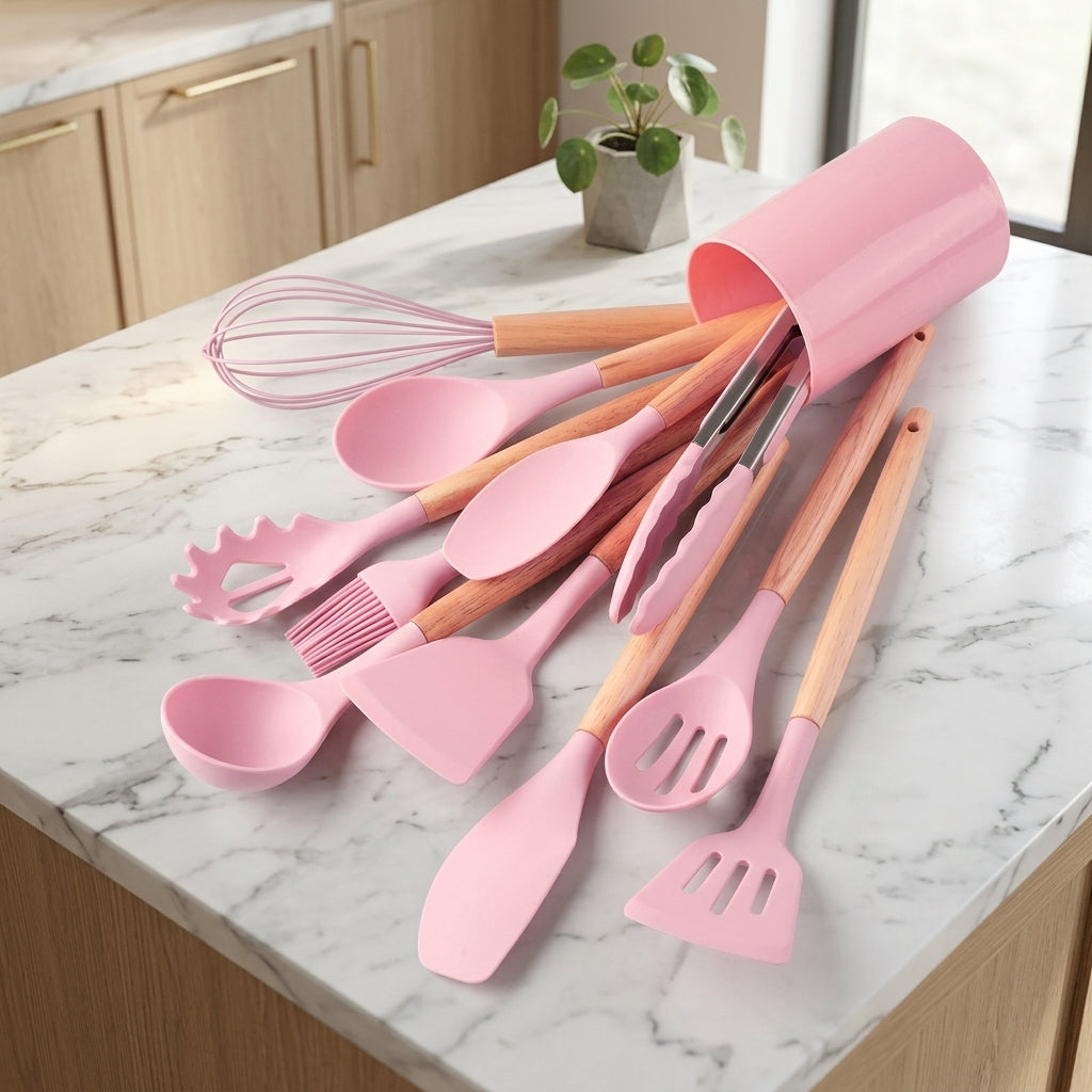 Kitchen Utensil Set with Silicone Heads and Wooden Handles - pink