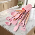 Kitchen Utensil Set with Silicone Heads and Wooden Handles - pink
