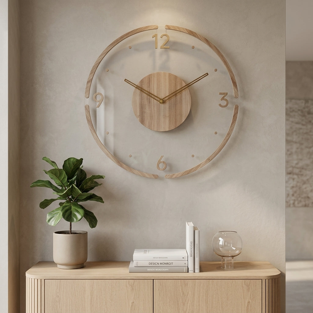 Wooden Wall Clock with Silent Quartz Mechanism and Scandinavian Style