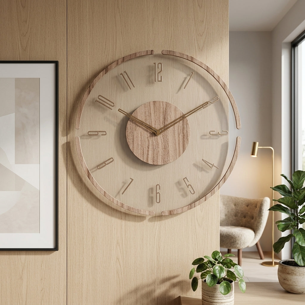 Wooden Wall Clock with Silent Quartz Mechanism and Scandinavian Style