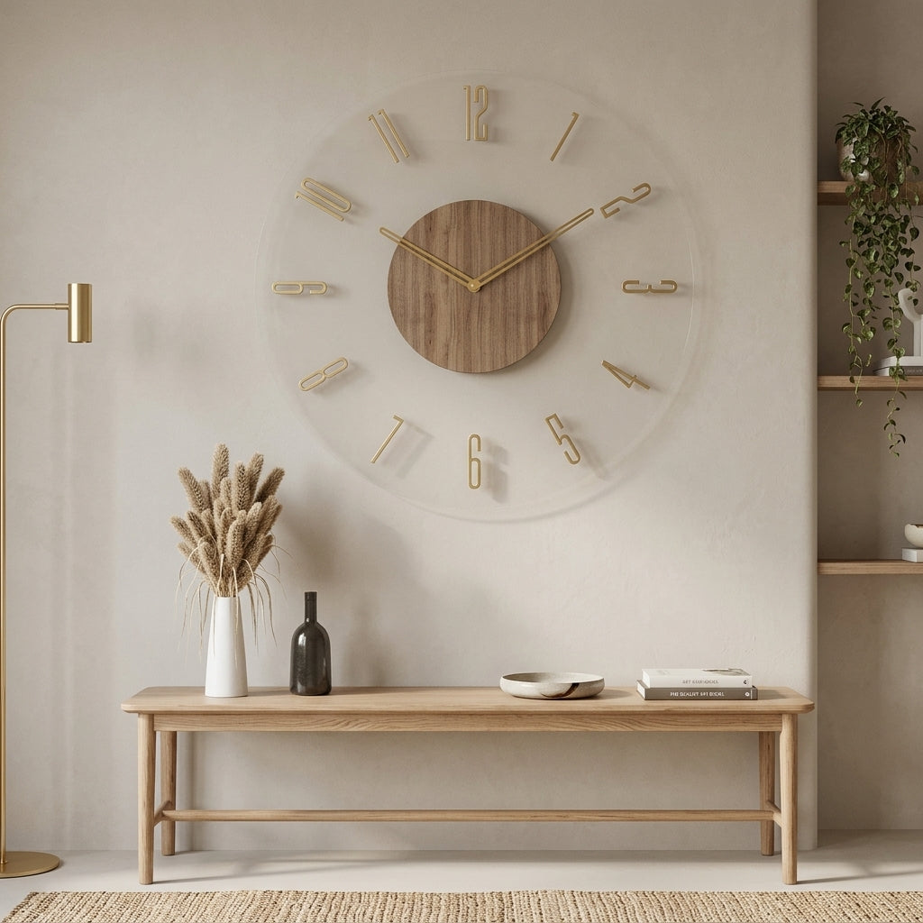 Wooden Wall Clock with Silent Quartz Mechanism and Scandinavian Style