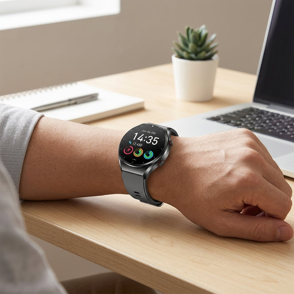 Health Monitoring Smartwatch with ECG and Glucose Tracking Display - black