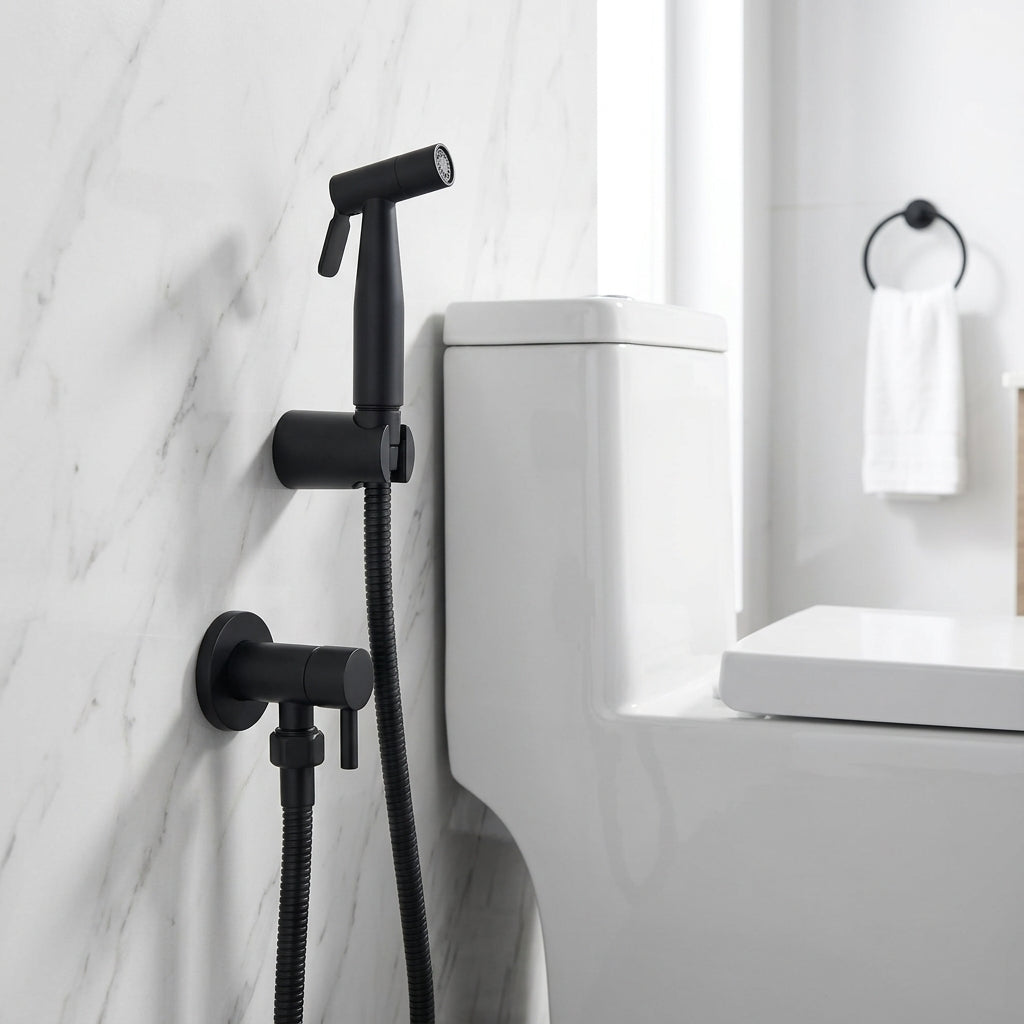 Bidet Sprayer for Toilet with Stainless Steel Wall Holder - black