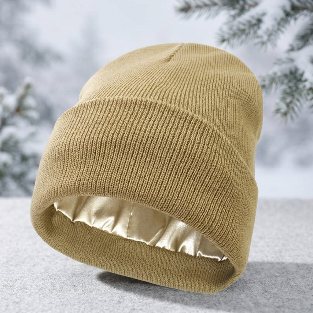 Winter Hat with Silk Lining for Cold Weather - khaki