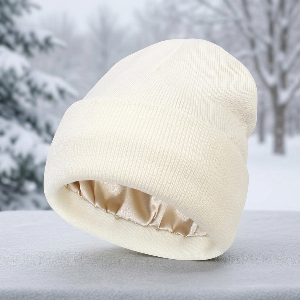 Winter Hat with Silk Lining for Cold Weather - white