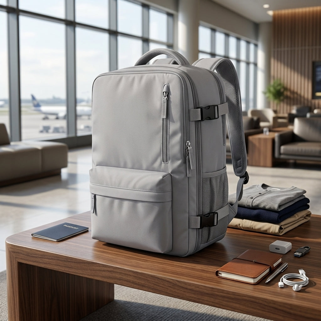 Hiking backpack with multiple compartments and zipped pockets - gray