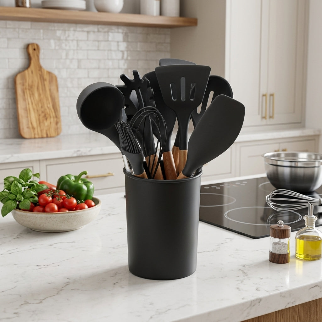 Cooking Utensil Set with Silicone Heads and Wooden Handles - black